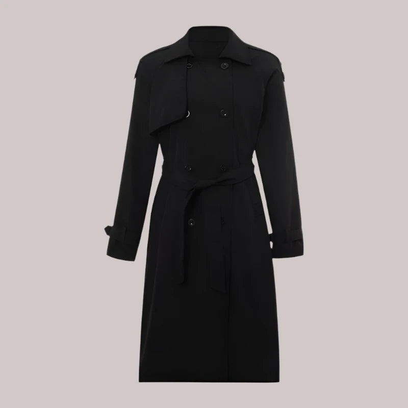 Elegant black double-breasted trench coat, a must-have for luxurious winter styling