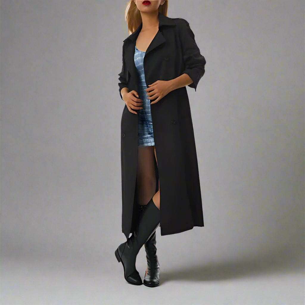 Luxury black double-breasted trench coat for sophisticated, everyday winter style
