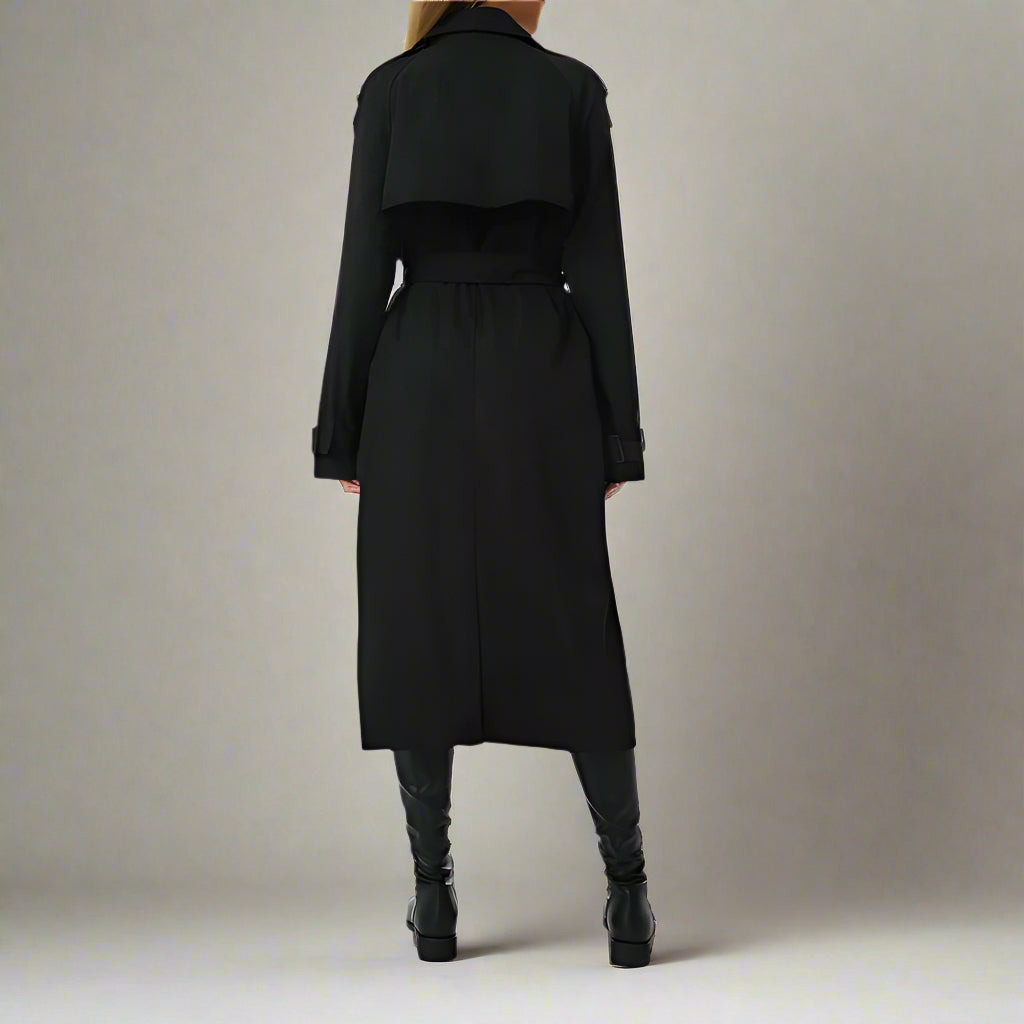 Black double-breasted trench coat for an upscale workwear look in the colder months