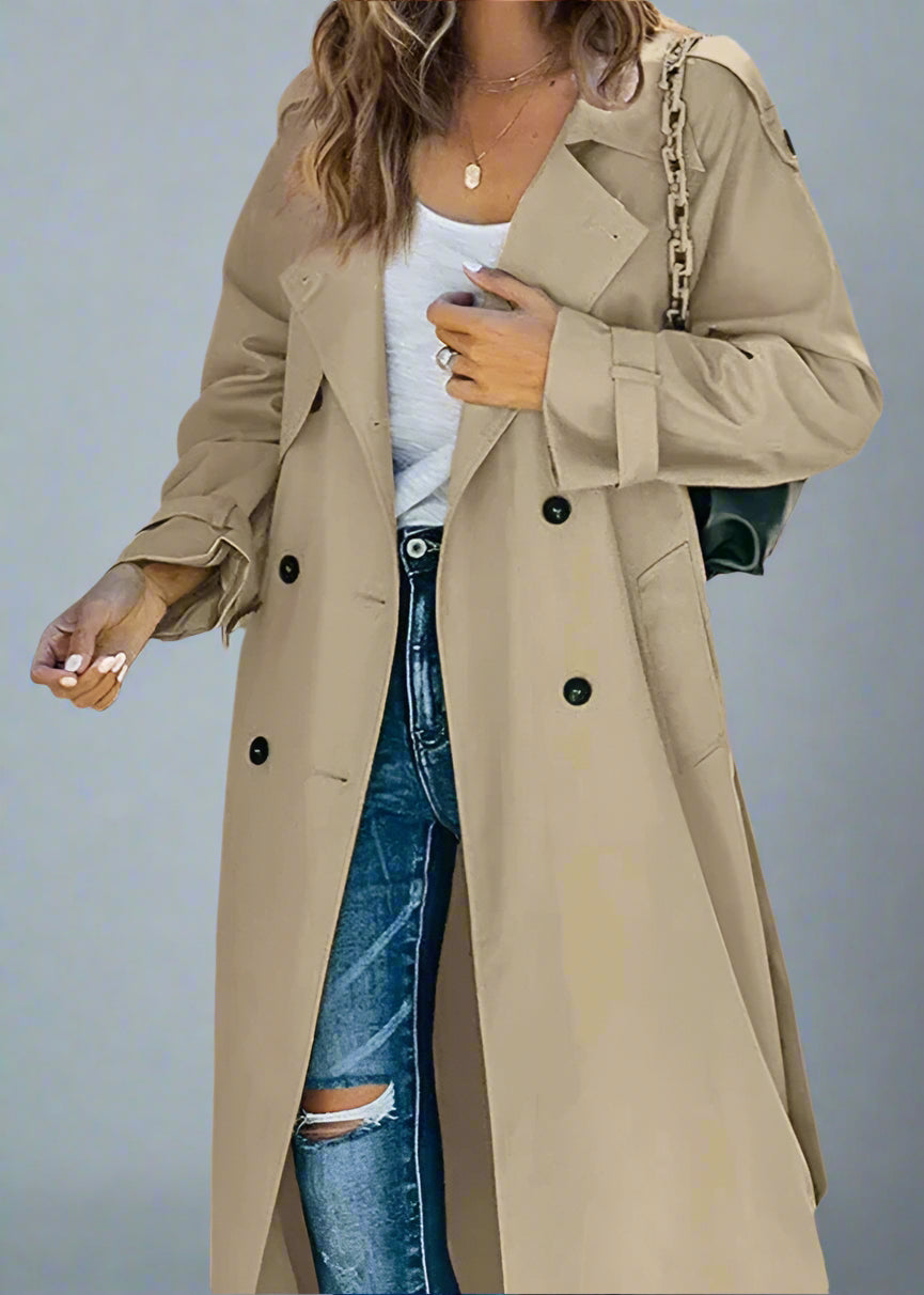 Elegant khaki double-breasted trench coat for a sophisticated workwear style