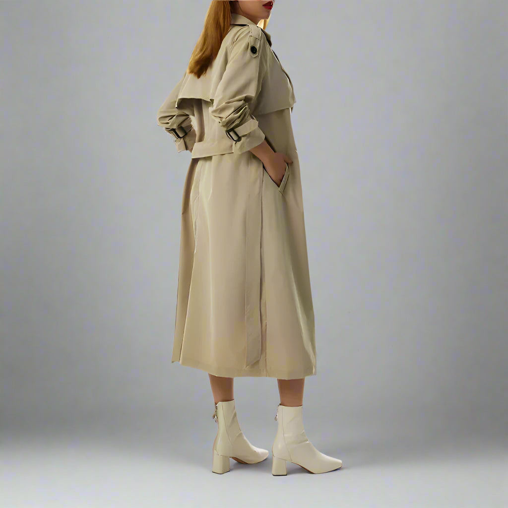 Fall fashion essential, khaki double-breasted trench coat for a chic and polished look