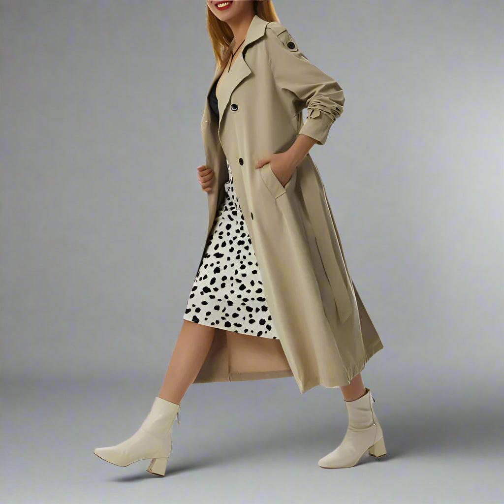 Structured khaki double-breasted trench coat for a sleek and fashionable fall outfit