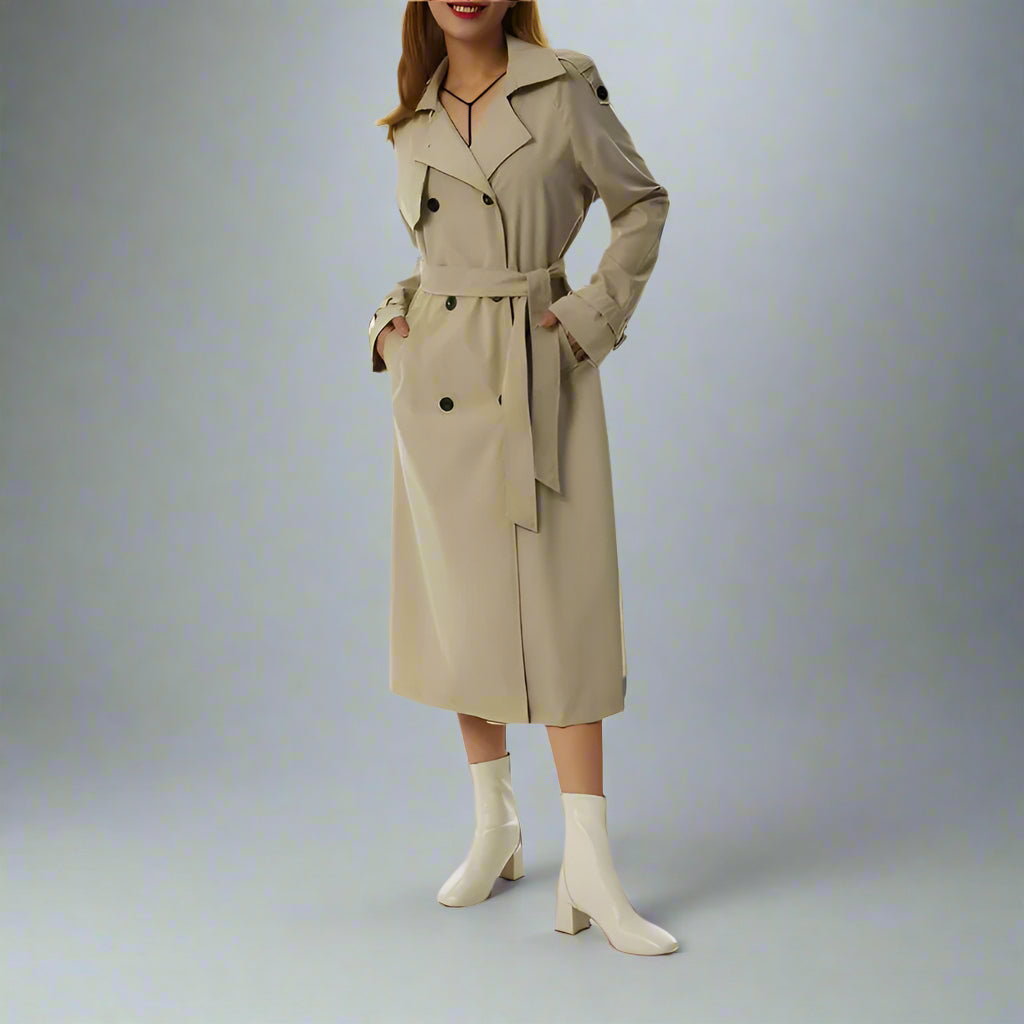 Chic office look with a khaki double-breasted trench coat, perfect for fall and winter