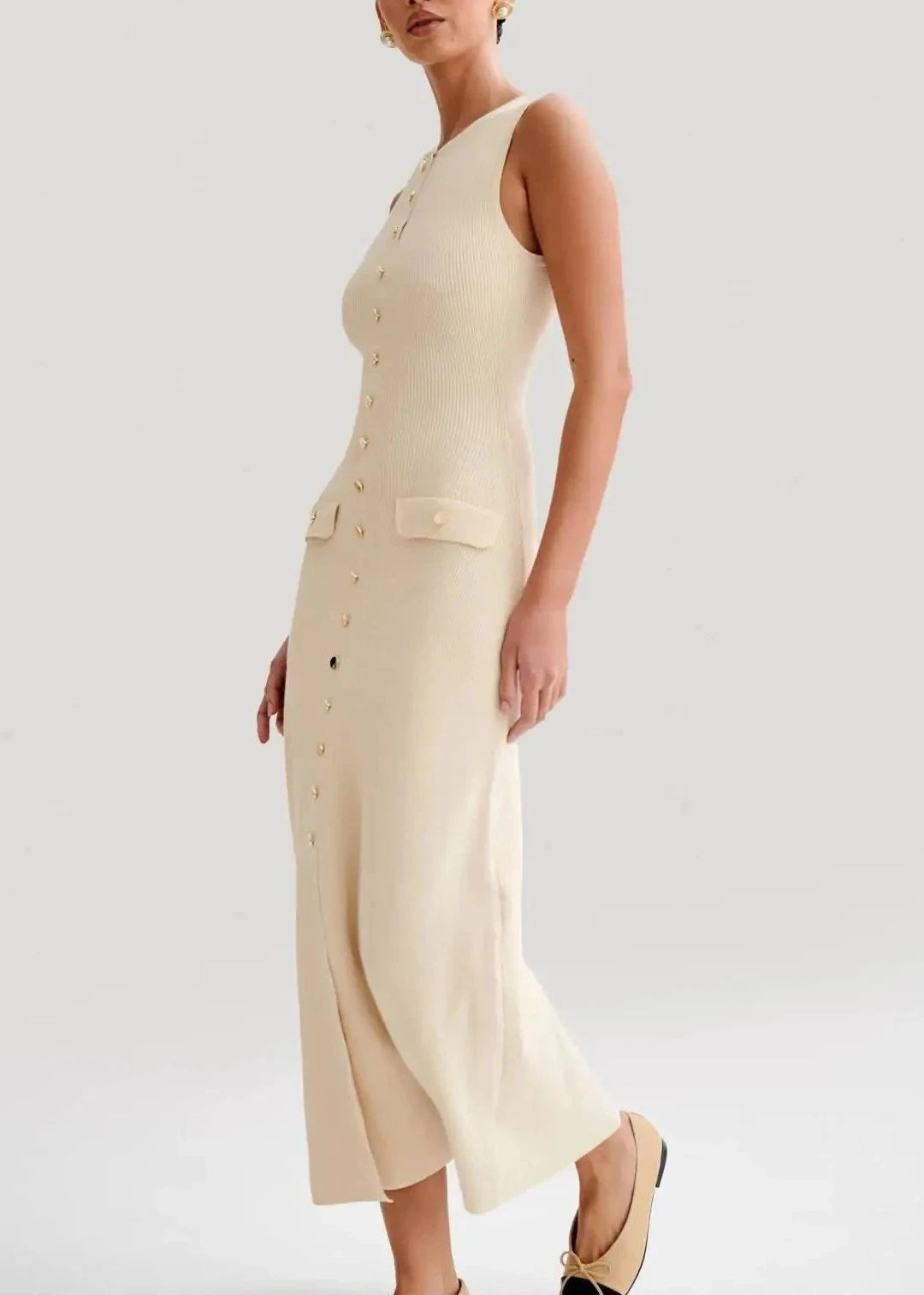 Elegant beige knitted dress with luxurious, old money style, perfect for formal and office wear