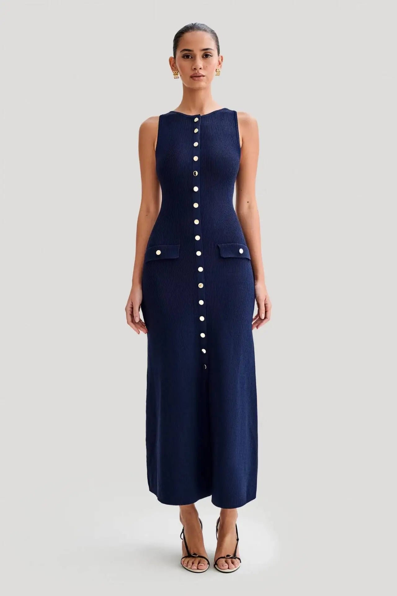Luxurious blue knitted dress designed for old money elegance, offering classic sophistication