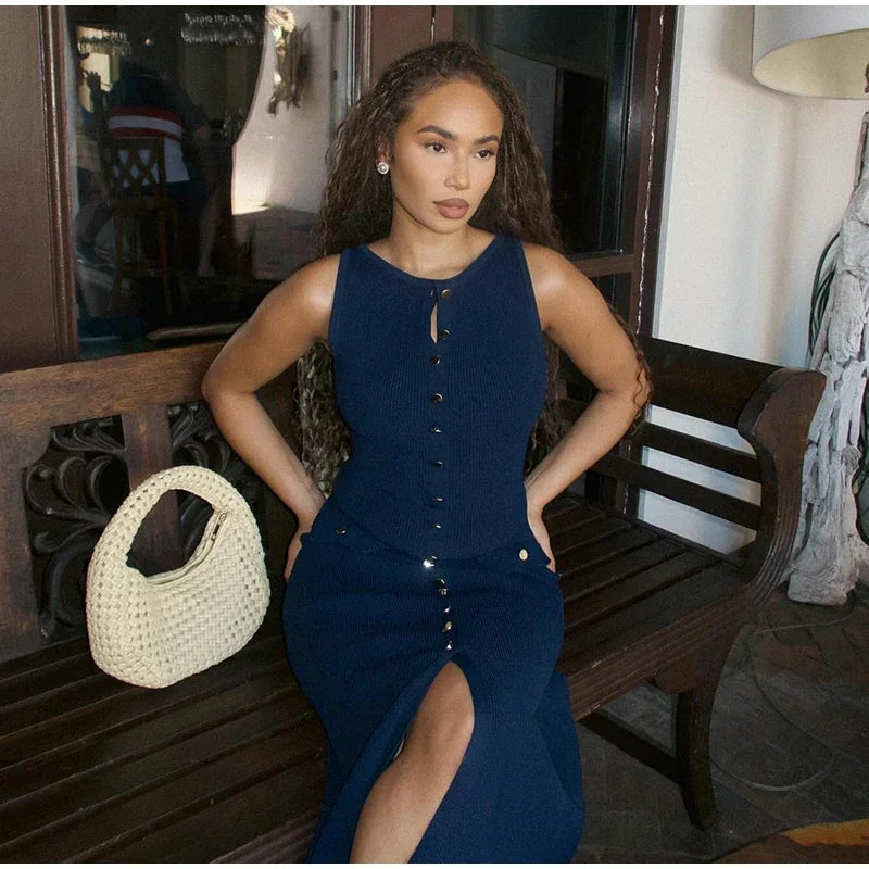 Chic navy blue knitted dress with timeless sophistication, perfect for upscale, old money-inspired looks