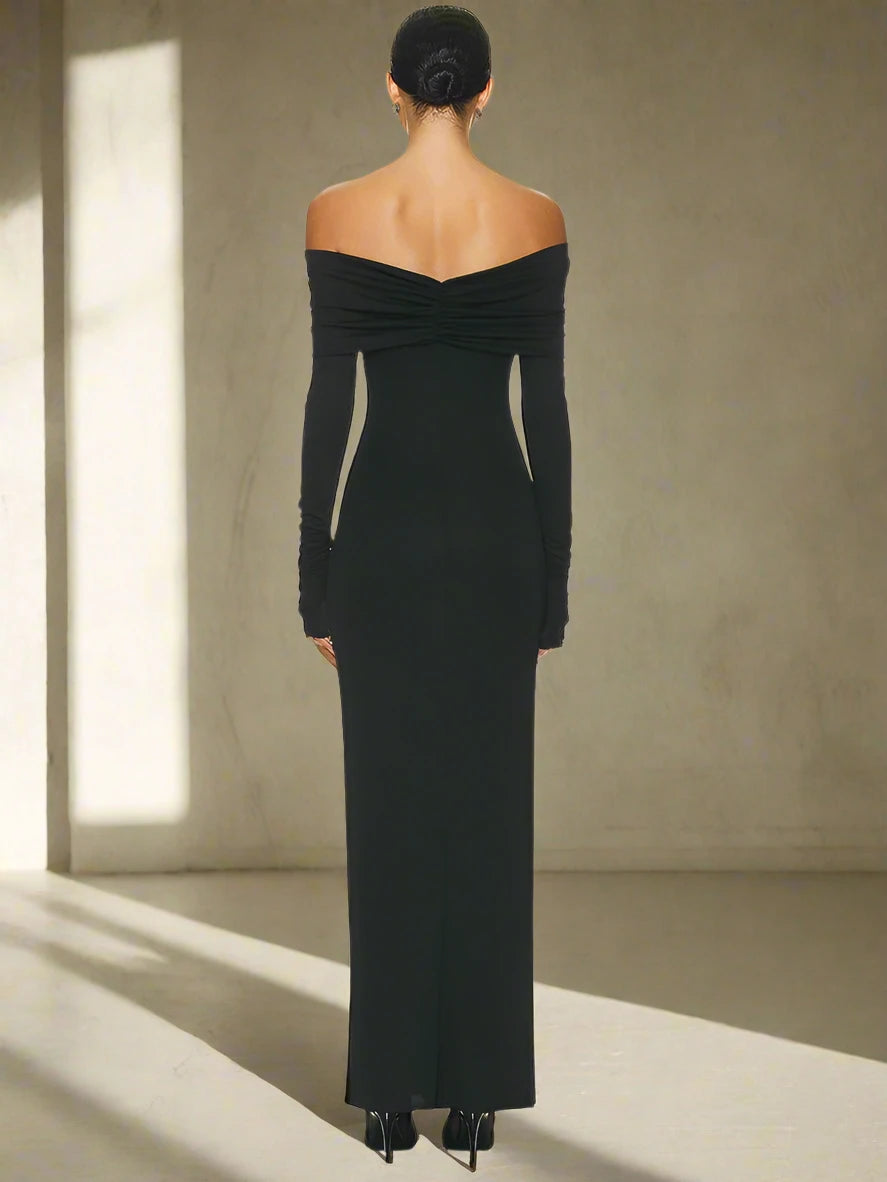 Black off-shoulder maxi dress designed for elegant evening gatherings.