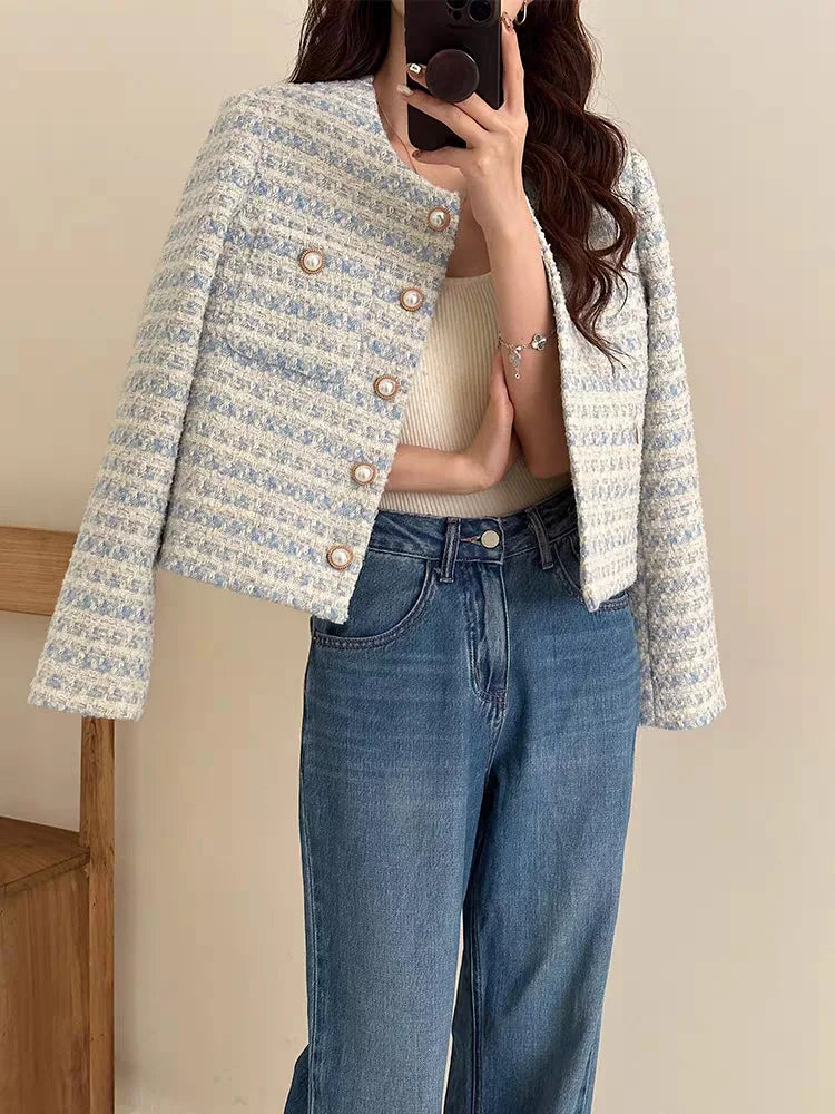 Versatile elegant tweed jacket with a white, blue, and grey color combination, perfect for a polished workwear style.