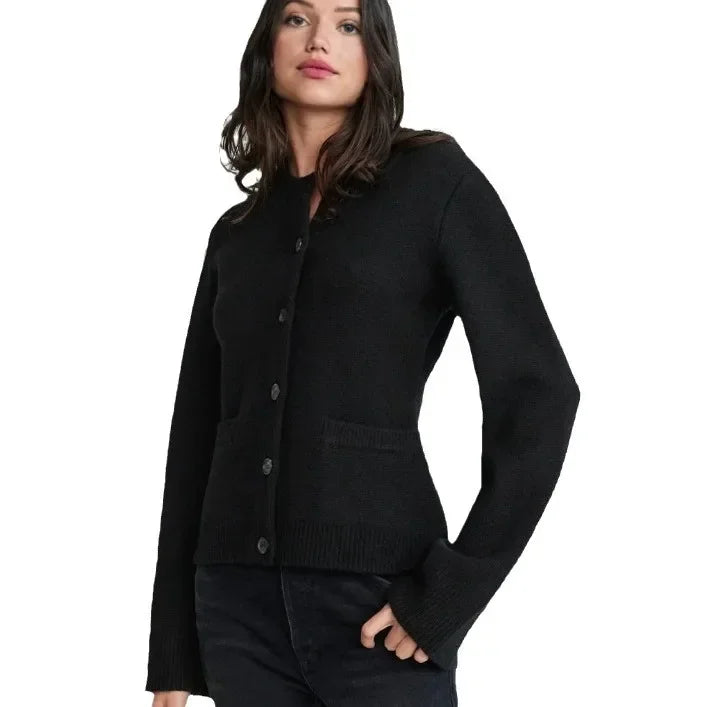 Black flare sleeve knit cardigan combining luxury style with sophisticated design, perfect for fall and winter.
