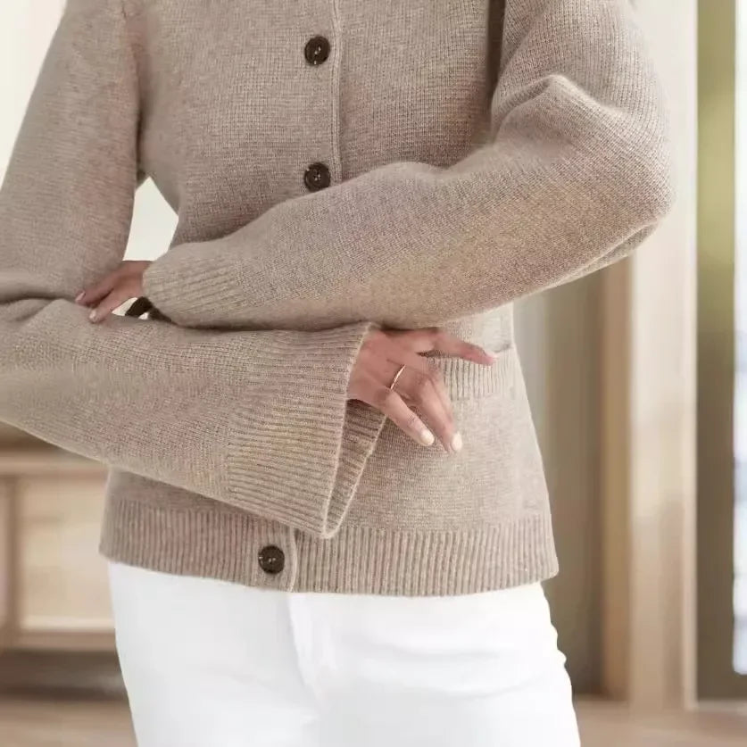 Khaki cardigan with elegant flare sleeves, offering refined comfort and chic old money vibes