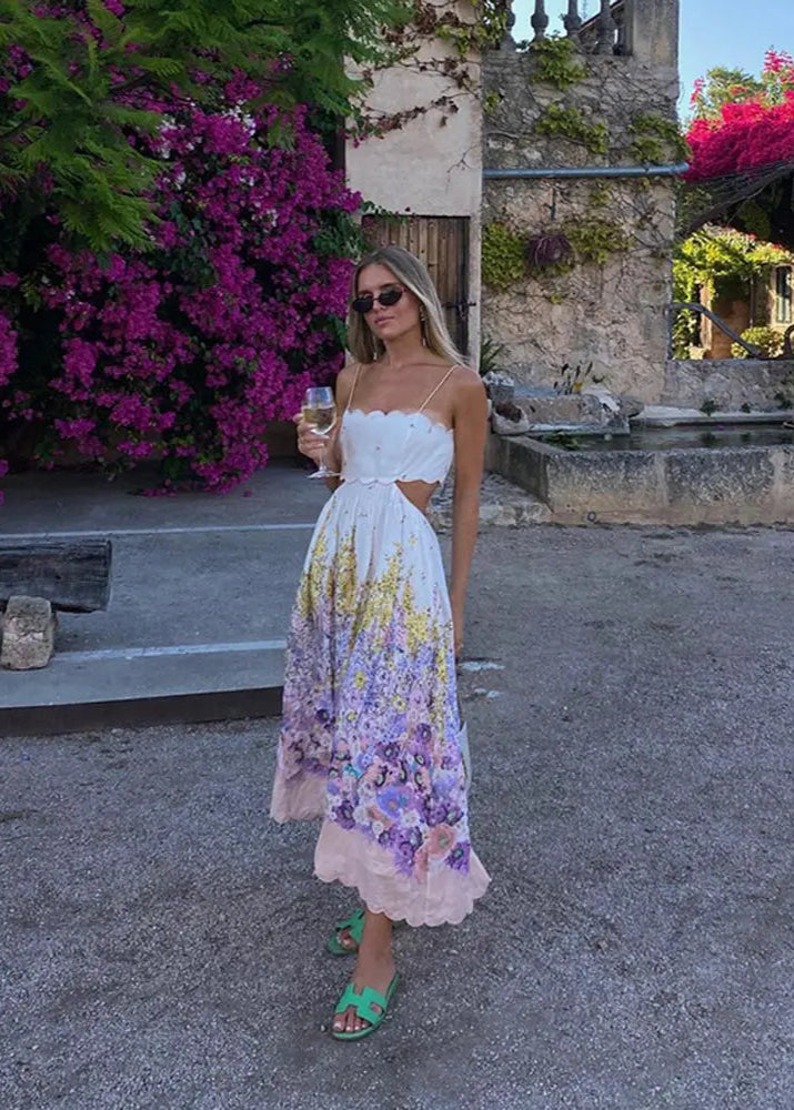 Light purple floral printed backless midi dress with delicate lace-up design, exuding elegance and charm