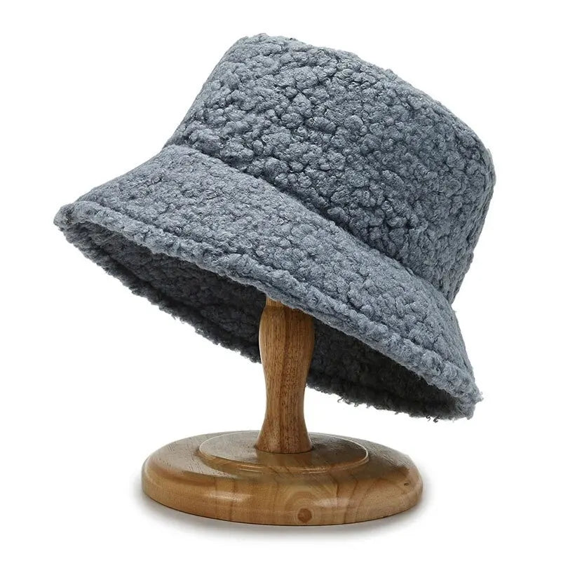 Cozy gray teddy bucket hat, blending Harajuku aesthetics with comfort