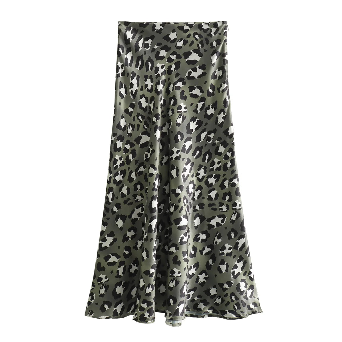Unique green leopard print midi skirt, a trendy twist on a classic style.