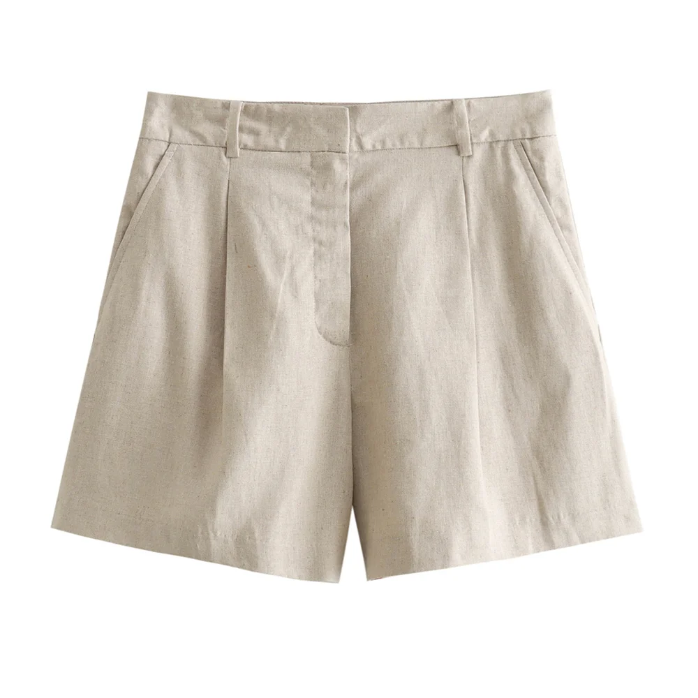 Beige high-waist linen shorts, designed for effortless elegance and comfort.