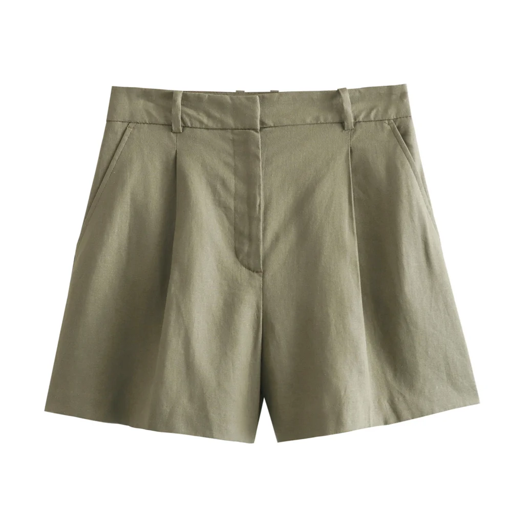 High-waist khaki linen shorts, perfect for a chic, modern outfit.