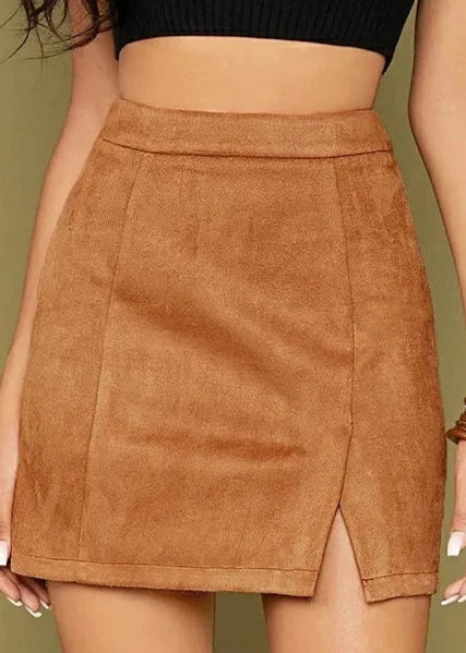 Neutral khaki suede mini skirt with a high-waist fit, perfect for timeless looks