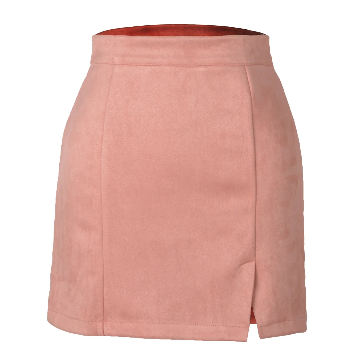 Soft pink high-waist suede mini skirt, adding a feminine touch to your outfit