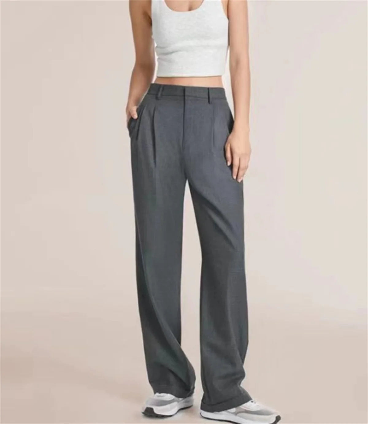 Front view of Grey High-Waisted Palazzo Pants with button fly, a classic choice for workwear and professional settings
