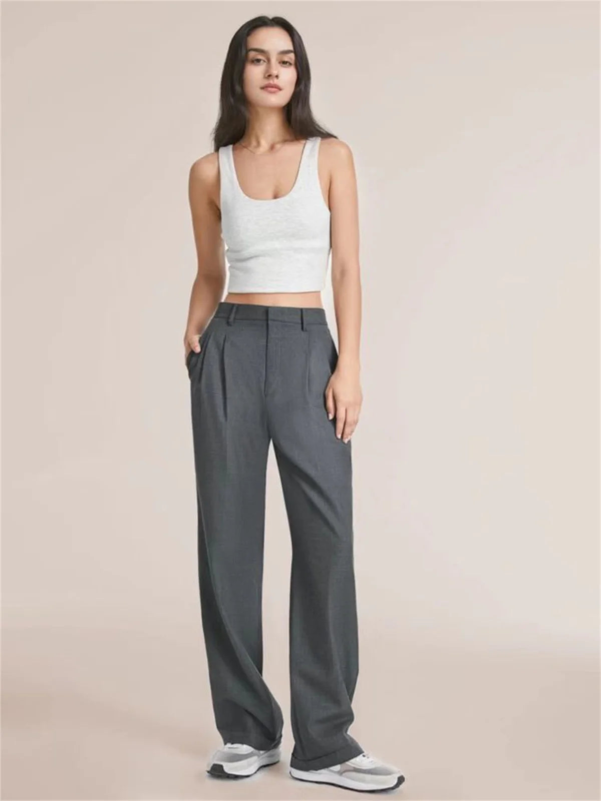 Grey High-Waisted Palazzo Pants for elegant corporate and office outfits.