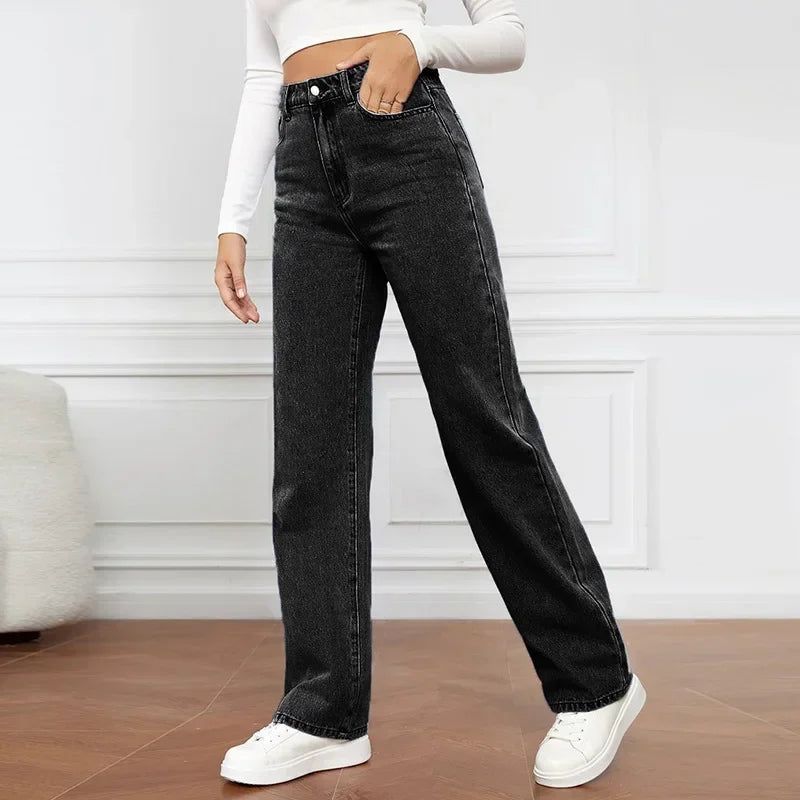 Left side view of Black High-Waisted Straight Leg Jeans, perfect for casual or evening wear.