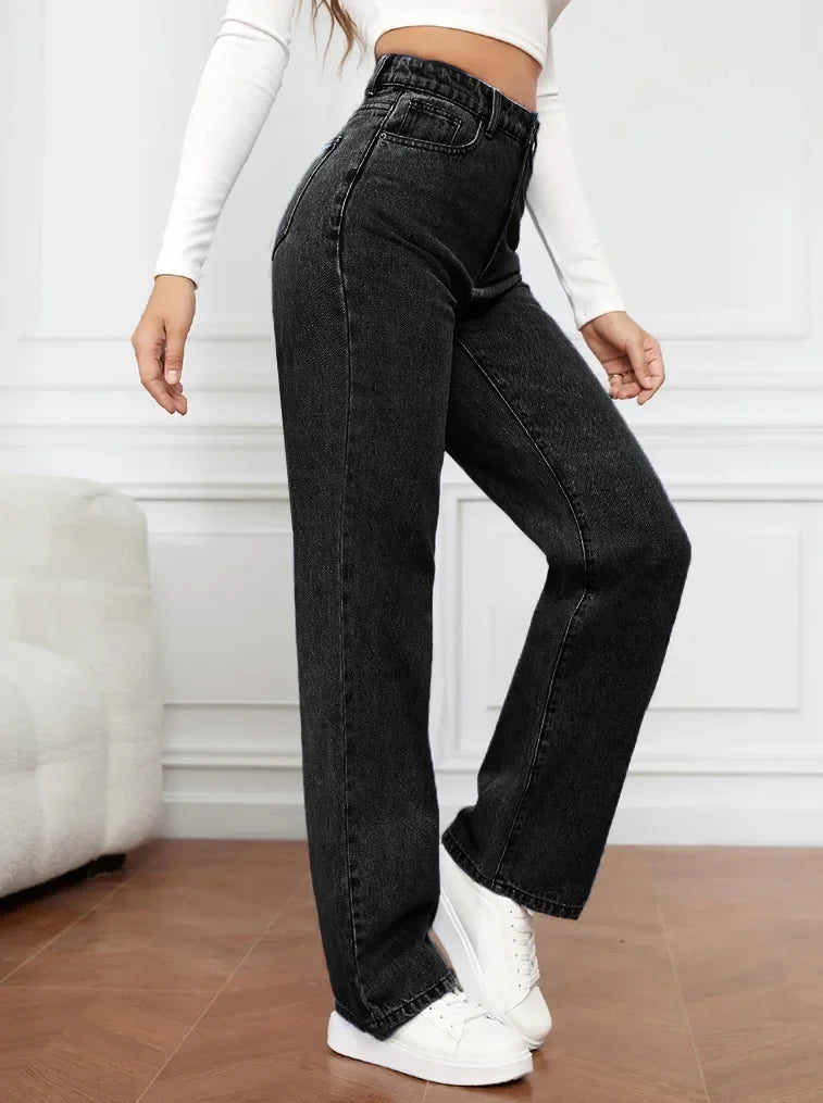 Right side view of Black High-Waisted Straight Leg Jeans, versatile for both casual and dressed-up outfits.