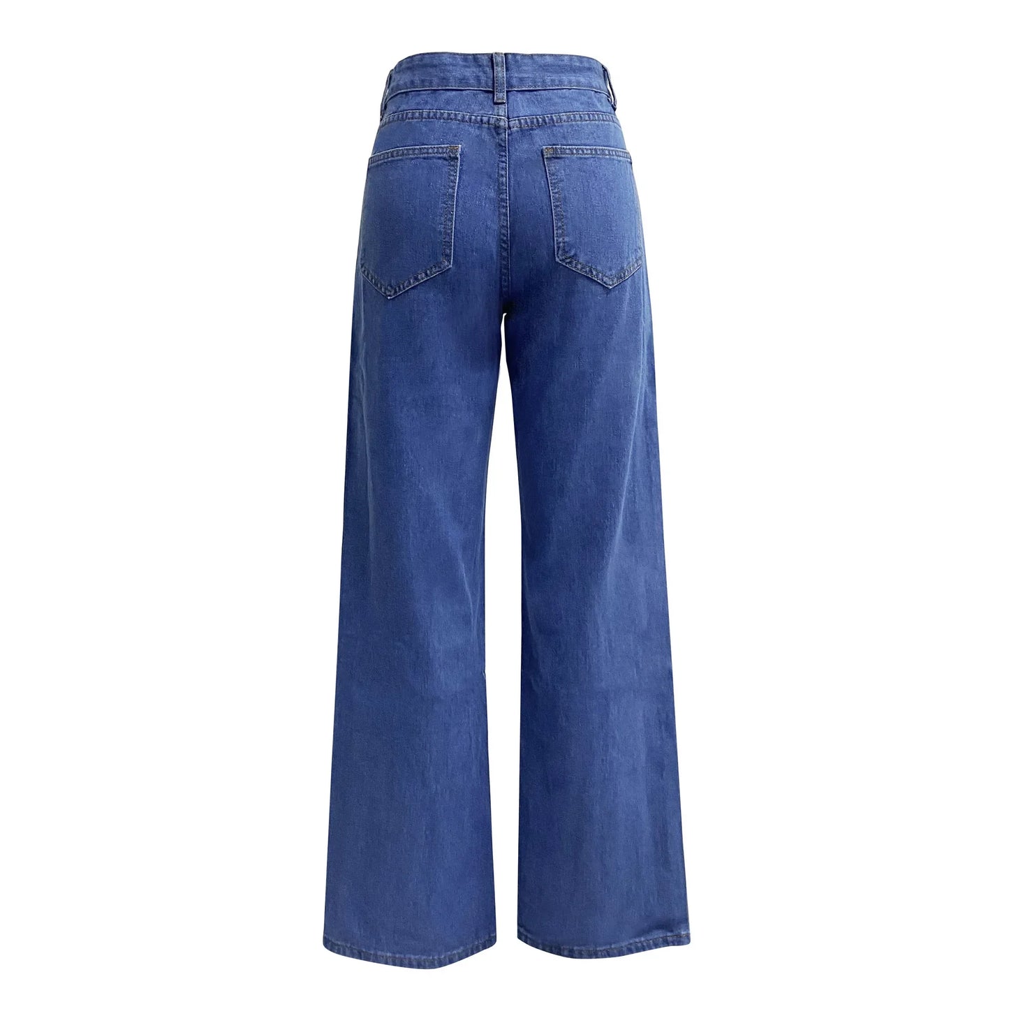 Back view of Blue High-Waisted Straight Leg Jeans without model, highlighting fit and pocket details.