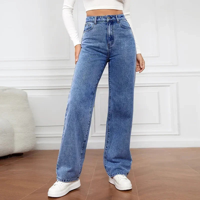 Front view of Blue High-Waisted Straight Leg Jeans without model, showcasing classic denim style.