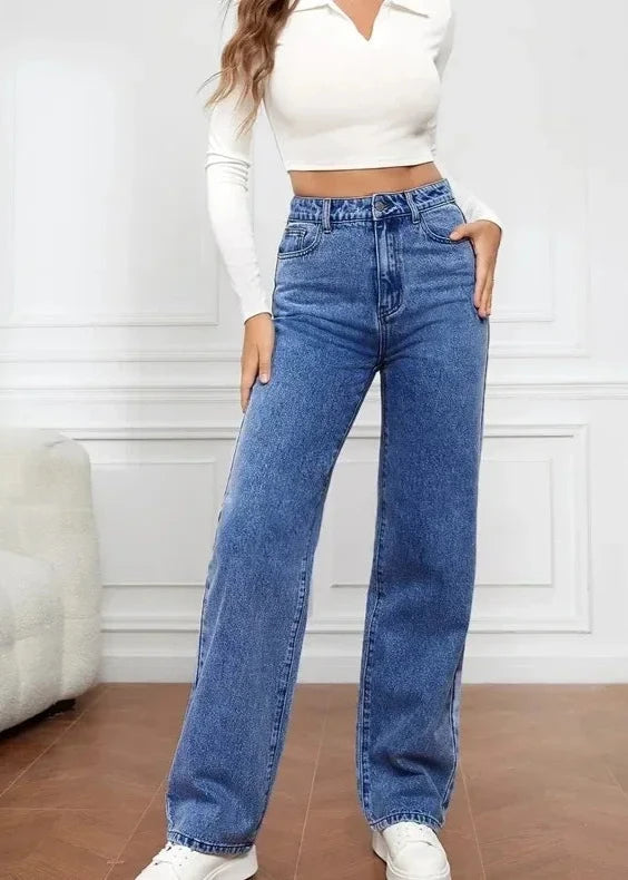 Model wearing Blue High-Waisted Straight Leg Jeans, a versatile choice for casual and everyday outfits.