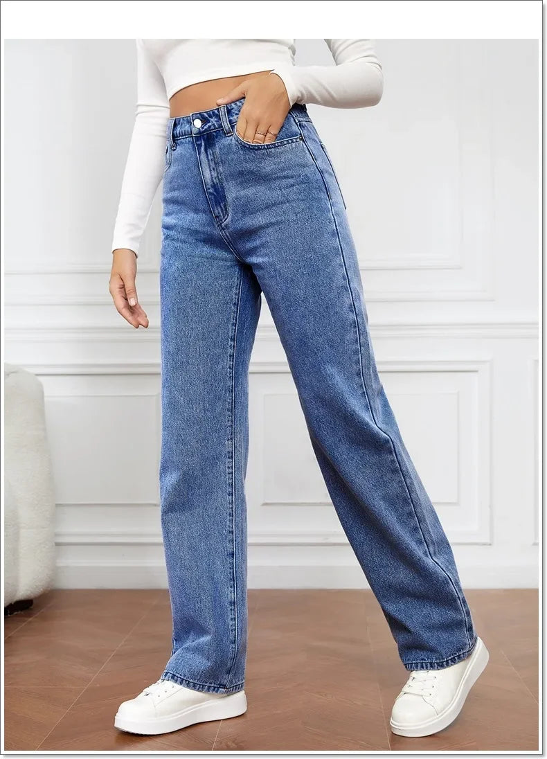 Side view of Blue High-Waisted Straight Leg Jeans with straight cut, ideal for casual wear.
