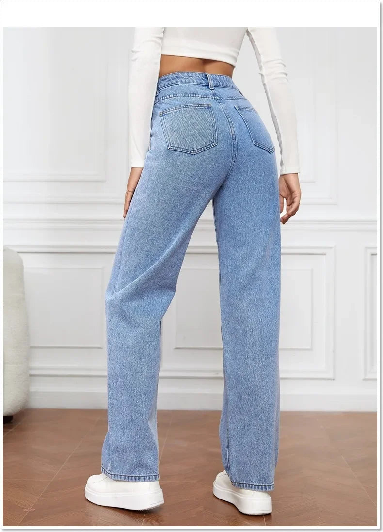 Back view of Light Blue High-Waisted Straight Leg Jeans with a high waist, great for casual outfits.