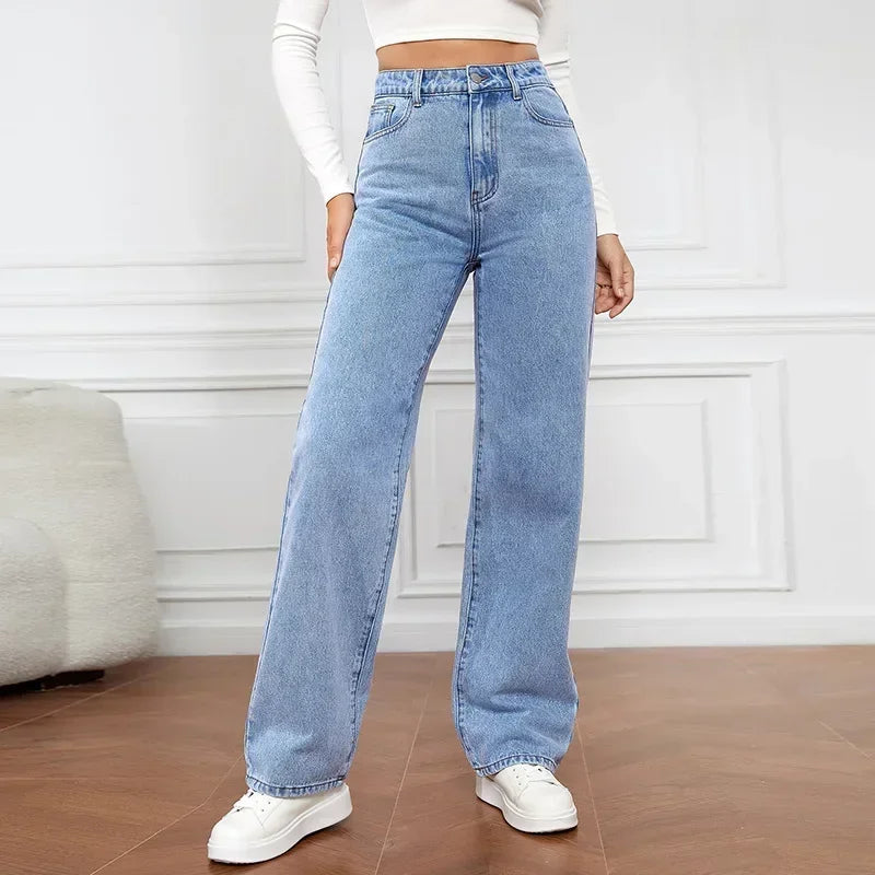 Front view of Light Blue High-Waisted Straight Leg Jeans without model, showing the timeless straight-leg style.