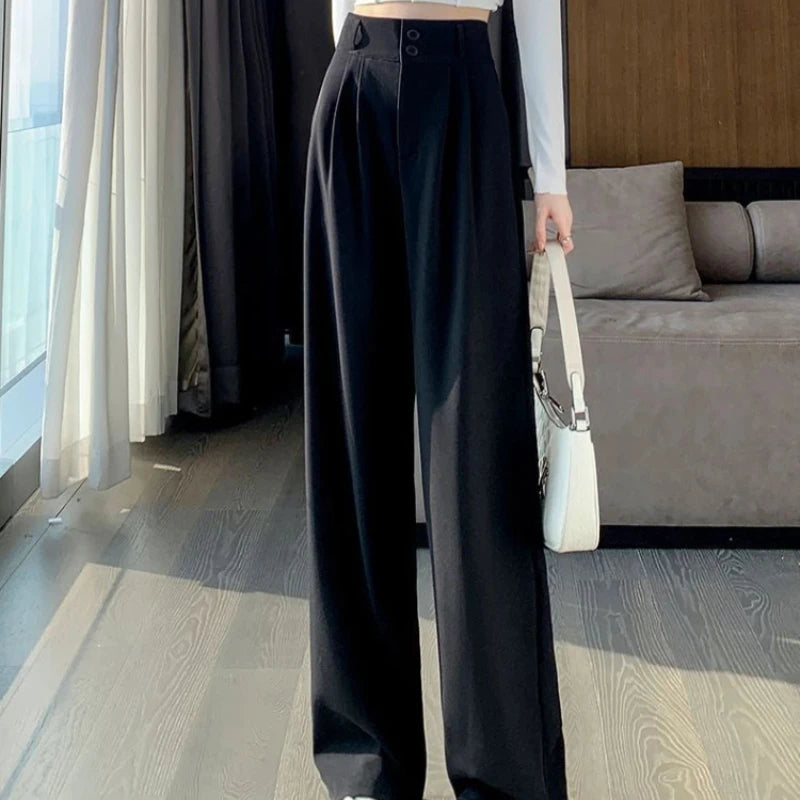 Front view of Black High-Waisted Wide-Leg Suit Trousers, perfect for professional and chic office outfits.