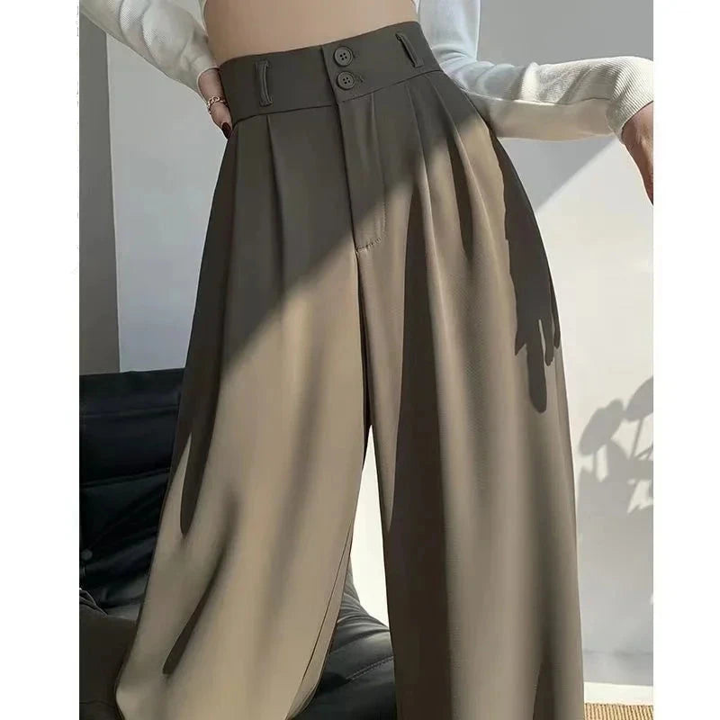Zoomed-in view of Coffee High-Waisted Wide-Leg Suit Trousers, focusing on stitching and overall craftsmanship.