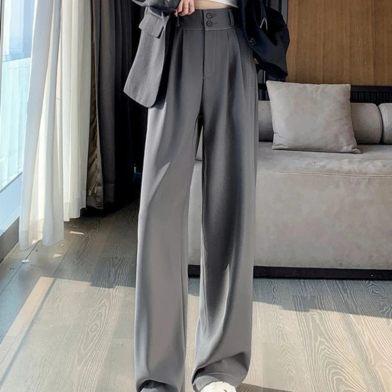 Front view of Grey High-Waisted Wide-Leg Suit Trousers, ideal for sophisticated office and business wear.
