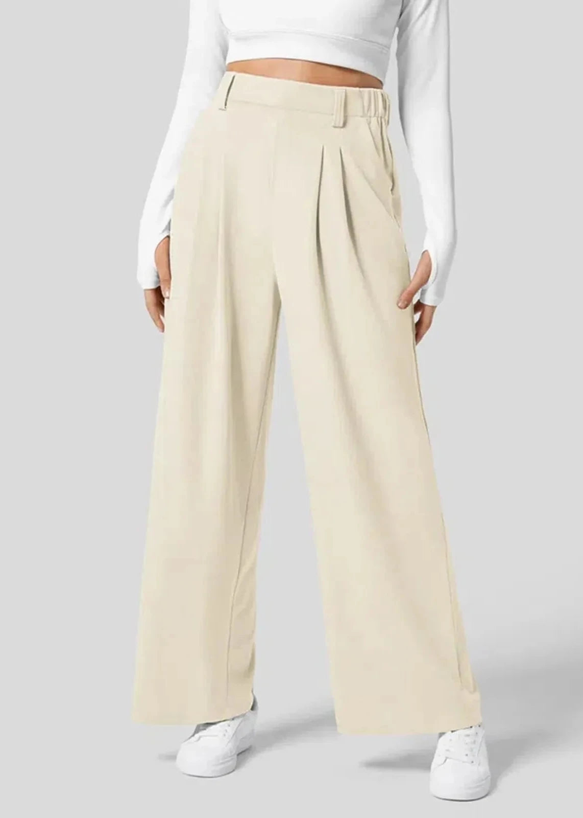 Front view of Beige High-Waisted Wide-Leg Trousers, ideal for an elegant office or business casual outfit.