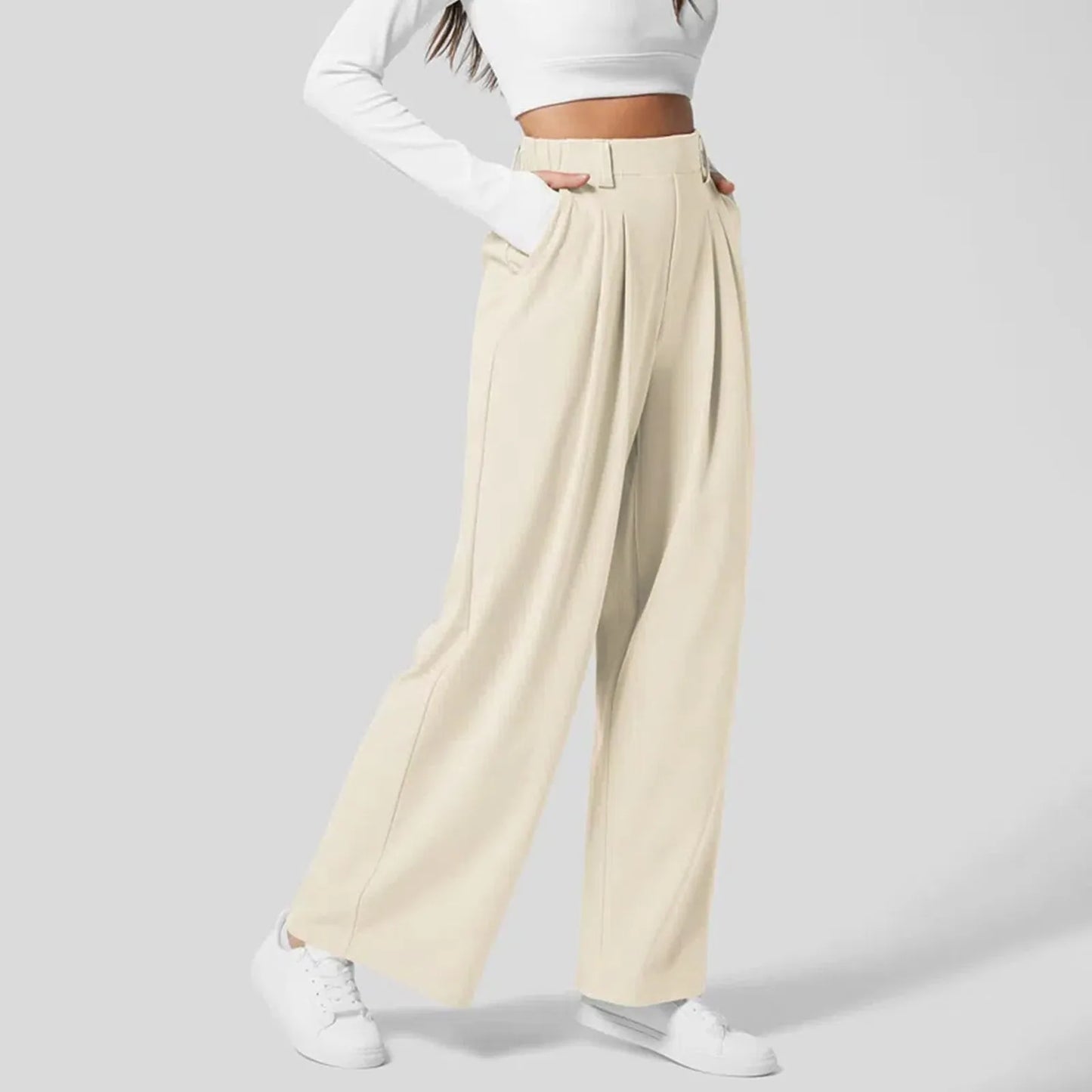 Side view of Beige High-Waisted Wide-Leg Trousers showing the wide-leg cut, perfect for professional and casual settings.
