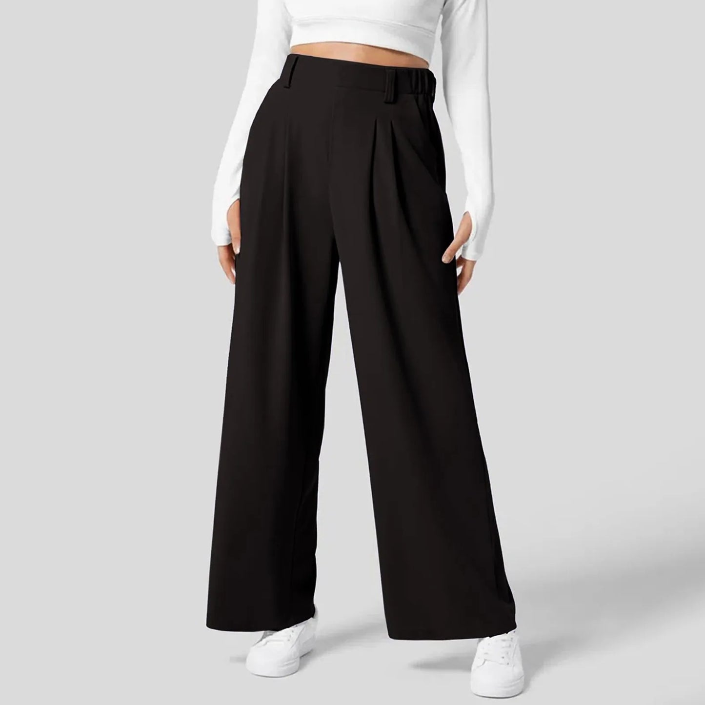 Front view of Black High-Waisted Wide-Leg Trousers, a versatile option for corporate wear and stylish