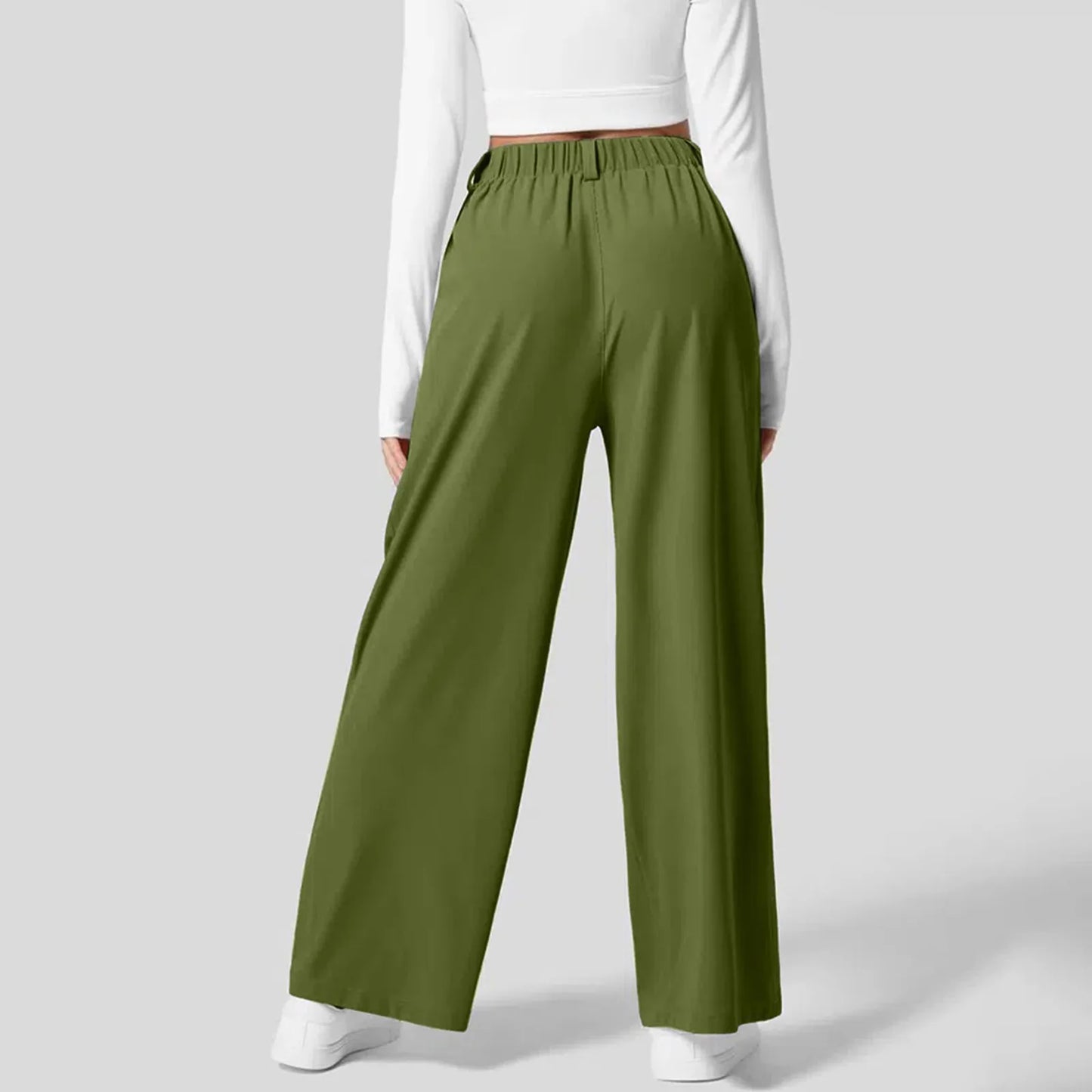 Back view of Green High-Waisted Wide-Leg Trousers showing the relaxed fit, ideal for stylish workwear.