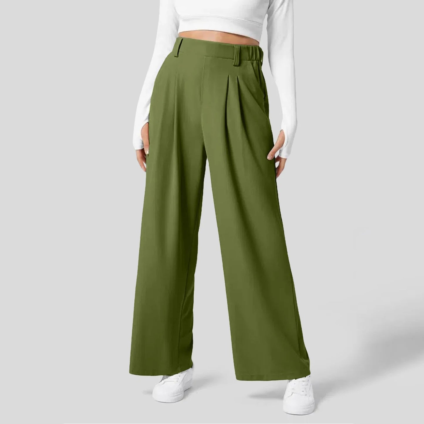 Front view of Green High-Waisted Wide-Leg Trousers, perfect for a bold office outfit or corporate wear.