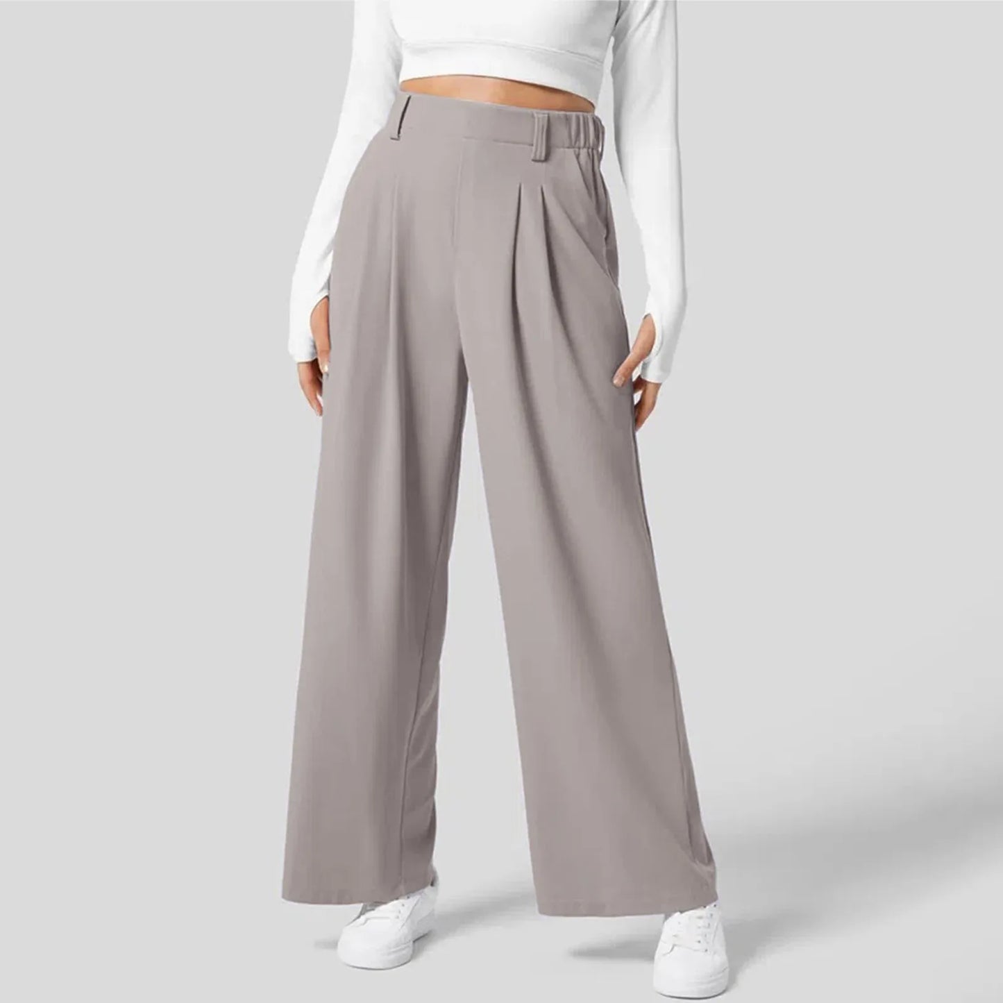 Front view of Grey High-Waisted Wide-Leg Trousers, a sophisticated choice for office outfits and corporate wear.