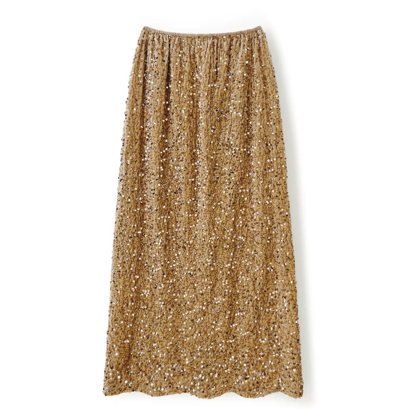 A unique khaki velvet skirt with a shimmering sequin overlay, perfect for chic occasions.