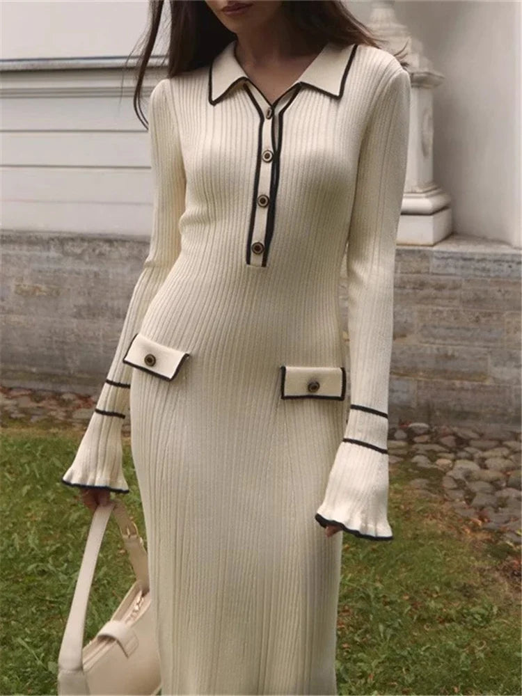 Luxurious beige knitted ruffle midi dress combining elegance and comfort for refined style