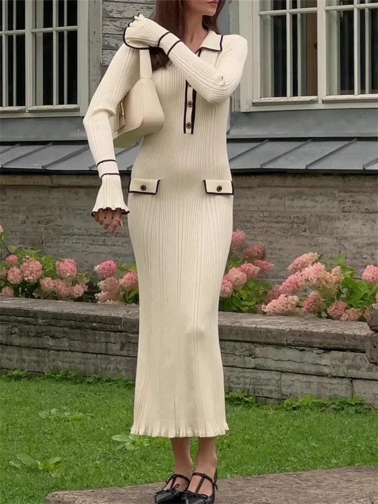 Elegant beige knitted ruffle midi dress exuding an old money style ideal for chic occasions