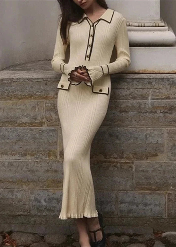 Beige knitted ruffle midi dress, perfect for a sophisticated and timeless wardrobe