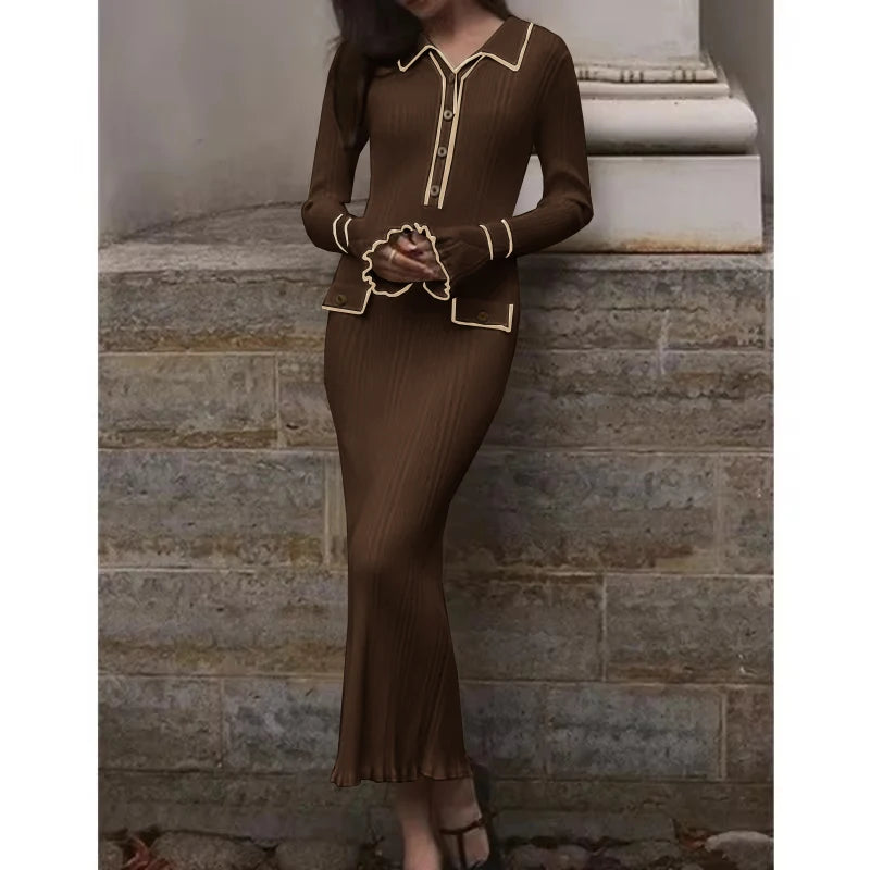 Chic coffee-colored knitted ruffle midi dress, perfect for elegant and cozy fall looks.