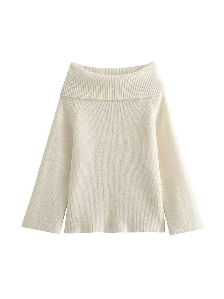 Beige off-shoulder knitted sweater, a must-have for trendy fall and winter looks.