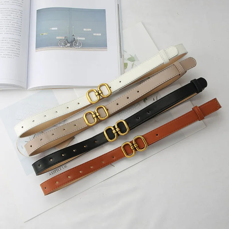 Assortment of leather belts in various colors featuring elegant metal buckles.