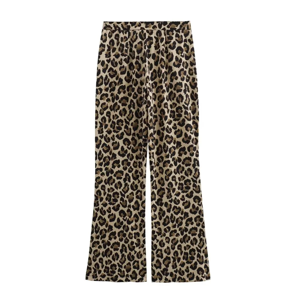 Leopard Print Pants flat lay, showing high-waisted design and straight-leg cut