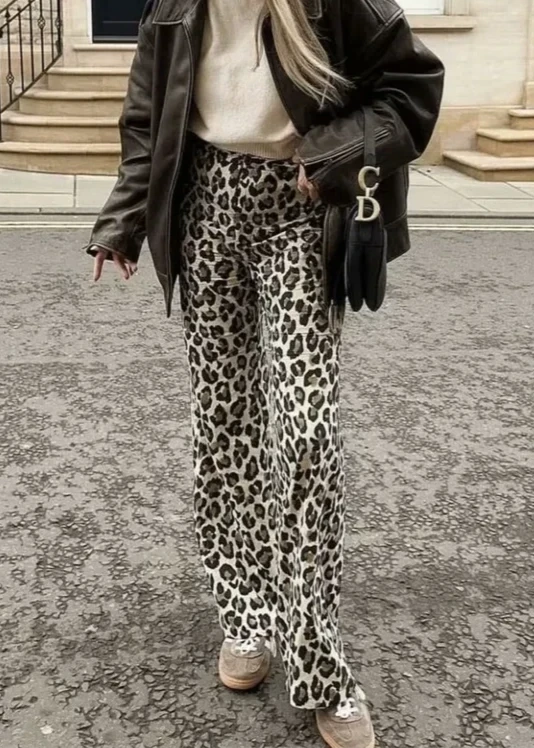 Front view of Leopard Print Pants on model, high-waisted and stylish for streetwear and casual outfits.