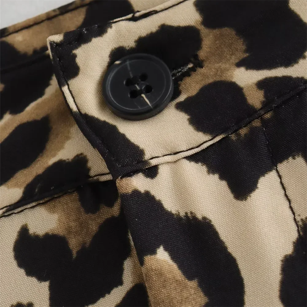 Close-up of the button on Leopard Print Pants, featuring high-quality metal button detail.